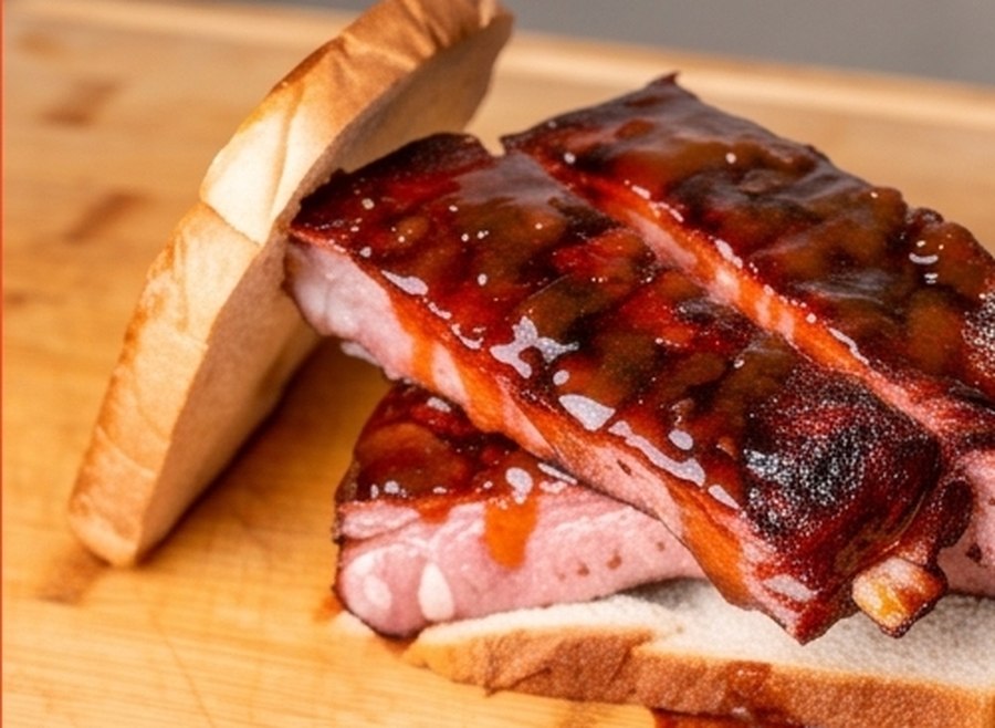 Full slab of smoked ribs over white bread